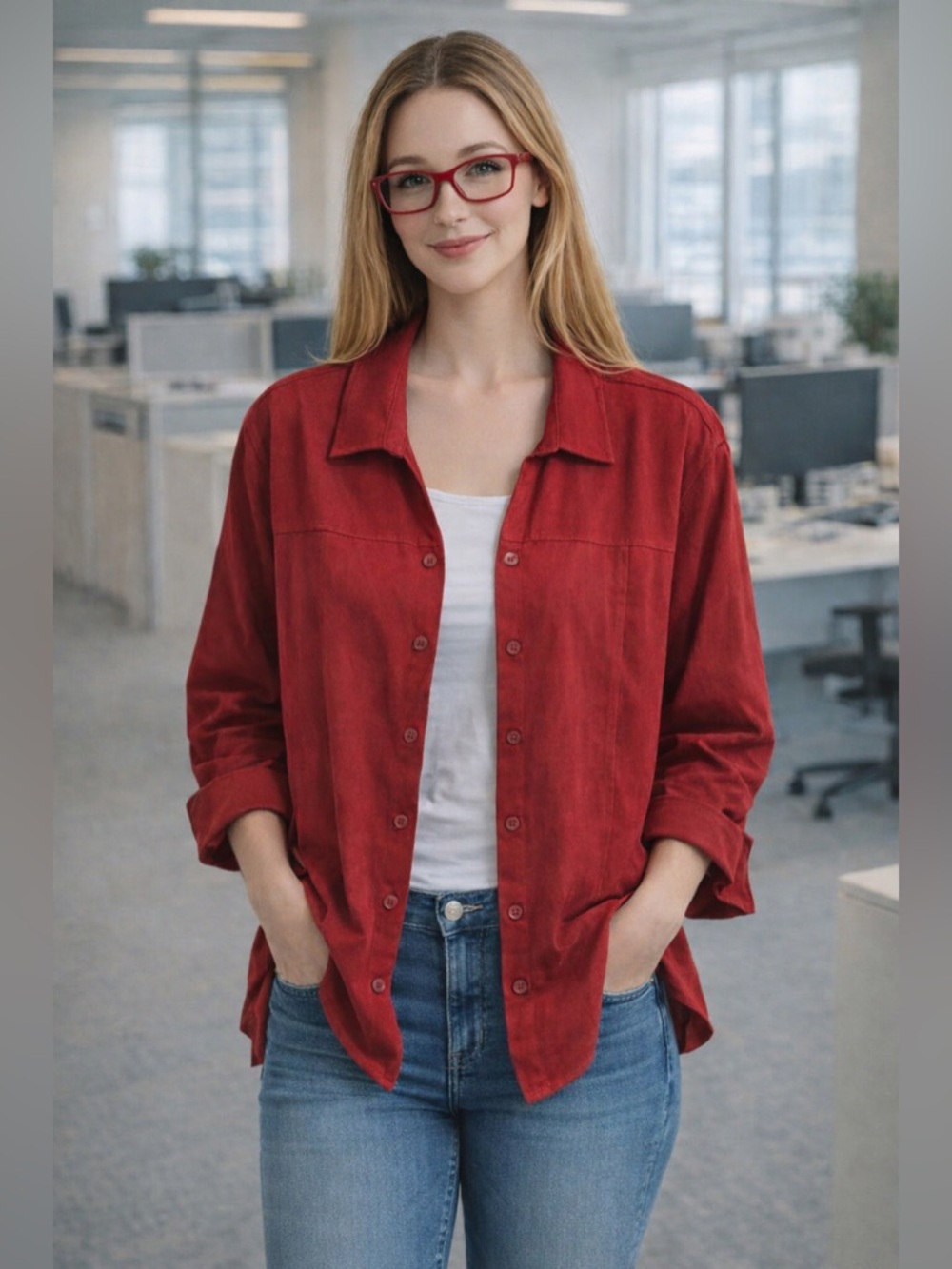 Notations Women’s Microsuede Brick Red Long Sleeve Button Up Jacket 1X Career